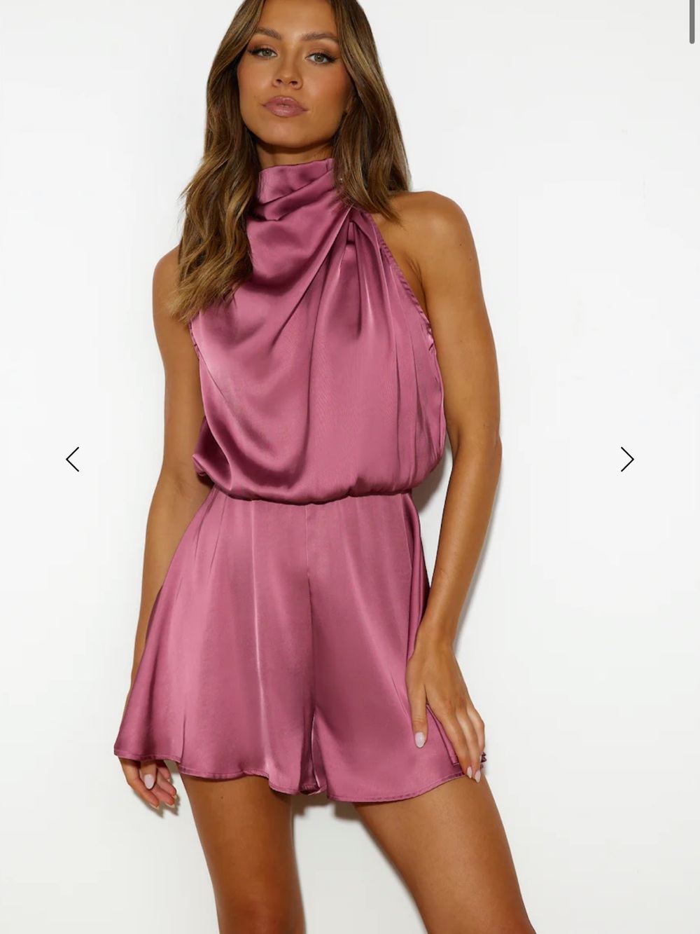 Hello Molly Satin Romper in Rose